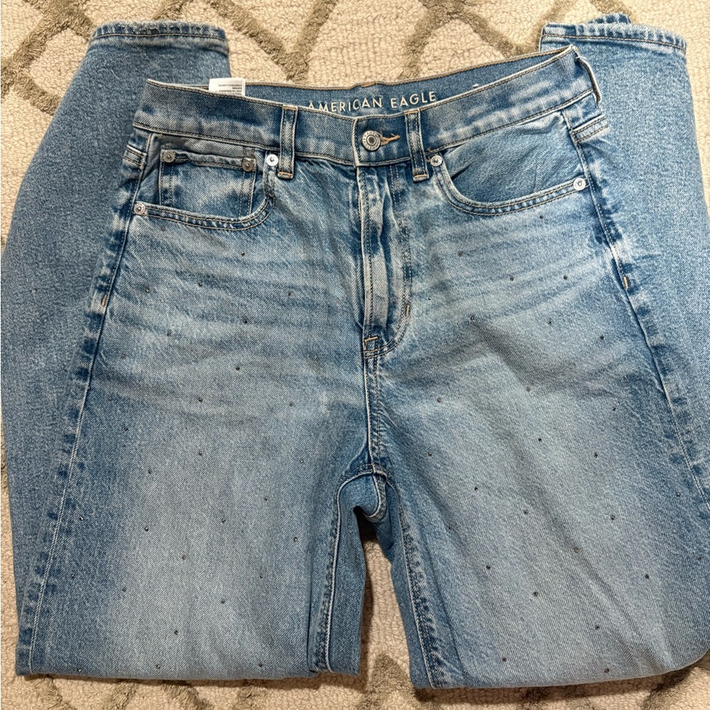 American Eagle Outfitters Women's Light Blue Rhinestone High Rise Jeans